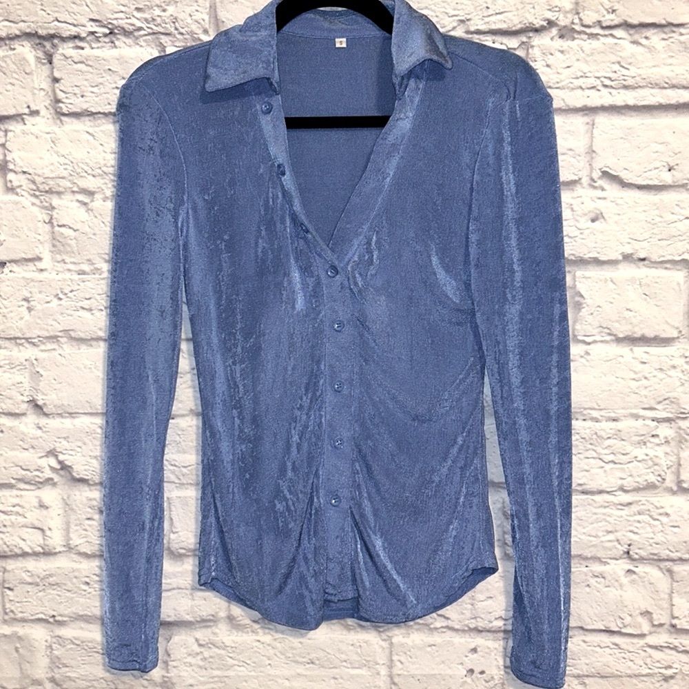 Mod Sky Dusty Blue Button Down Collared Blouse - image 2